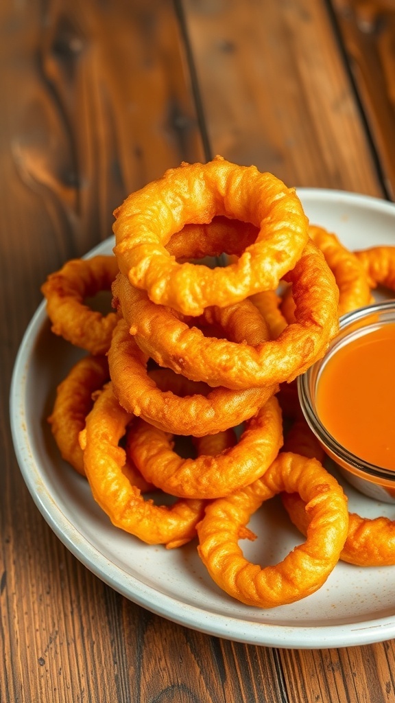 Crispy Beer-Battered Onion Rings Recipe A plate of crispy fried onion rings with a side of dipping sauce on a rustic wooden table.